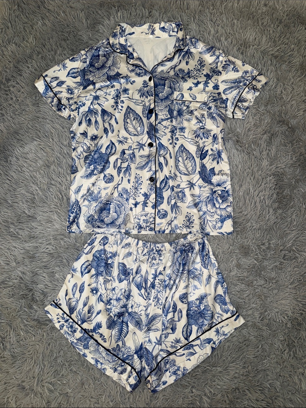 Blue Floral Pajama Set - Short Sleeve Button Top & Shorts
